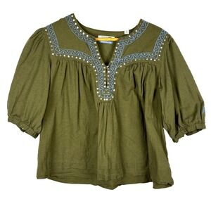 Scotch & Soda Women Embroidered Crop Puff Sleeve Peasant Blouse Sz S Cotton Boho